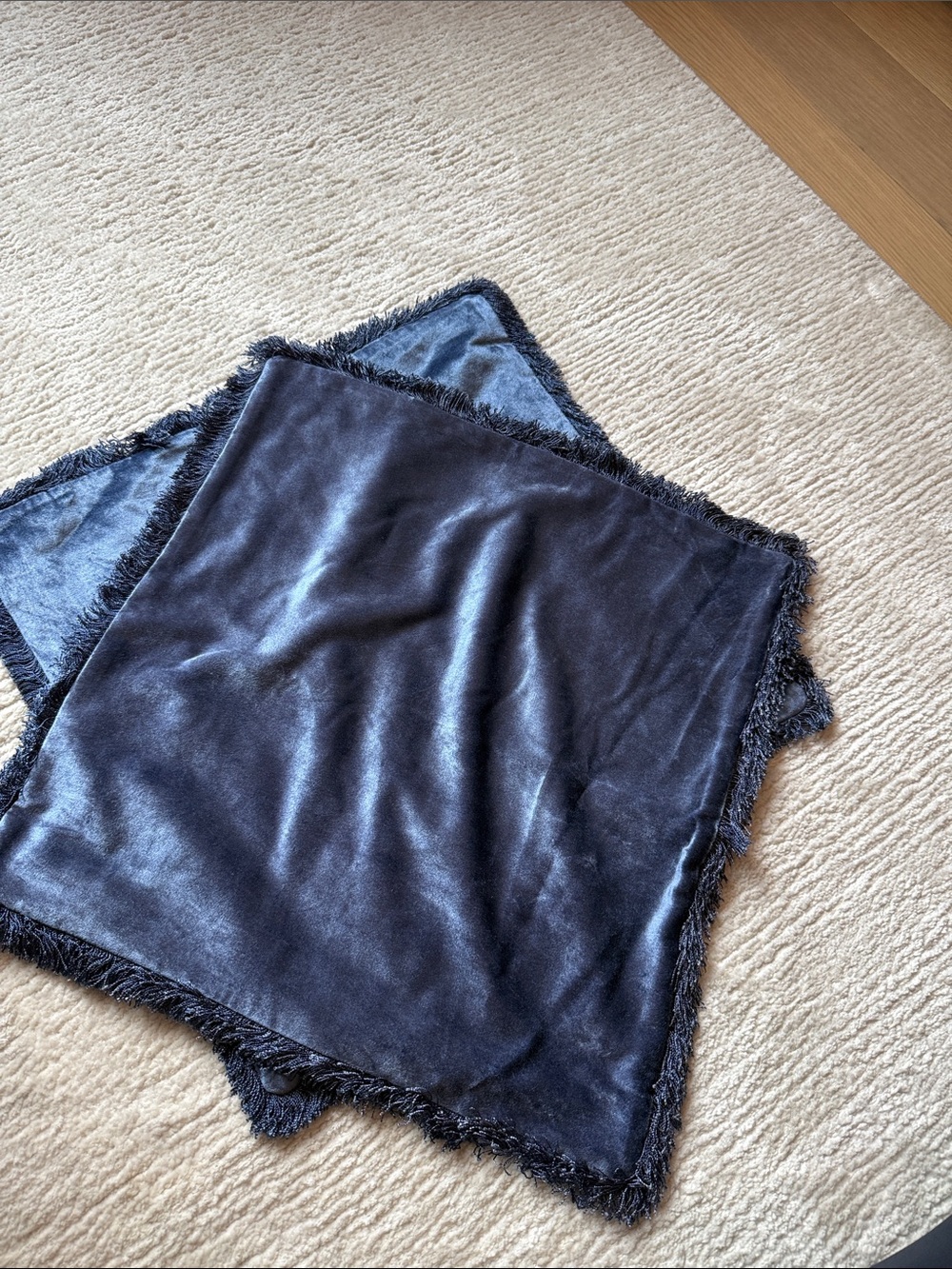 Plush Navy Velvet Throw Pillow Cover with Fringe
